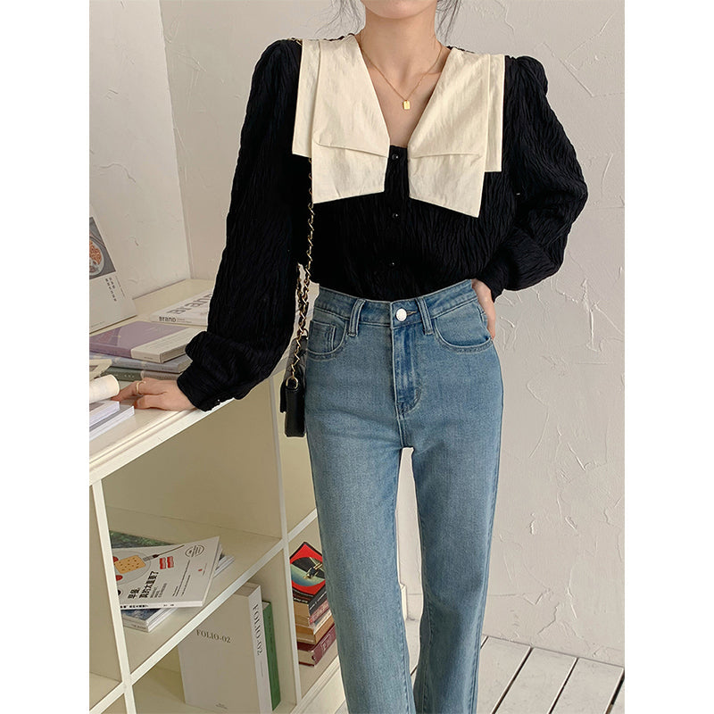 Aiertu Vintage Folds Shirts Women Elegant Patchwork Lantern Long Sleeve Blouses Korean Single Breasted Design Chic Casual Tops Aiertu