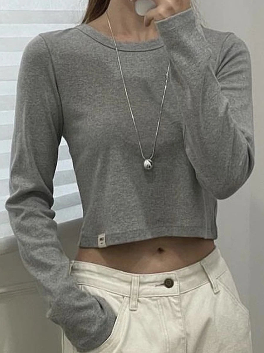 Aiertu  -  New Striped Cropped T-shirts For Women 2025 Spring Round Neck Slim Long Sleeve Tees Korean Fashion Casual Cotton Tops Tee Shirts Aiertu