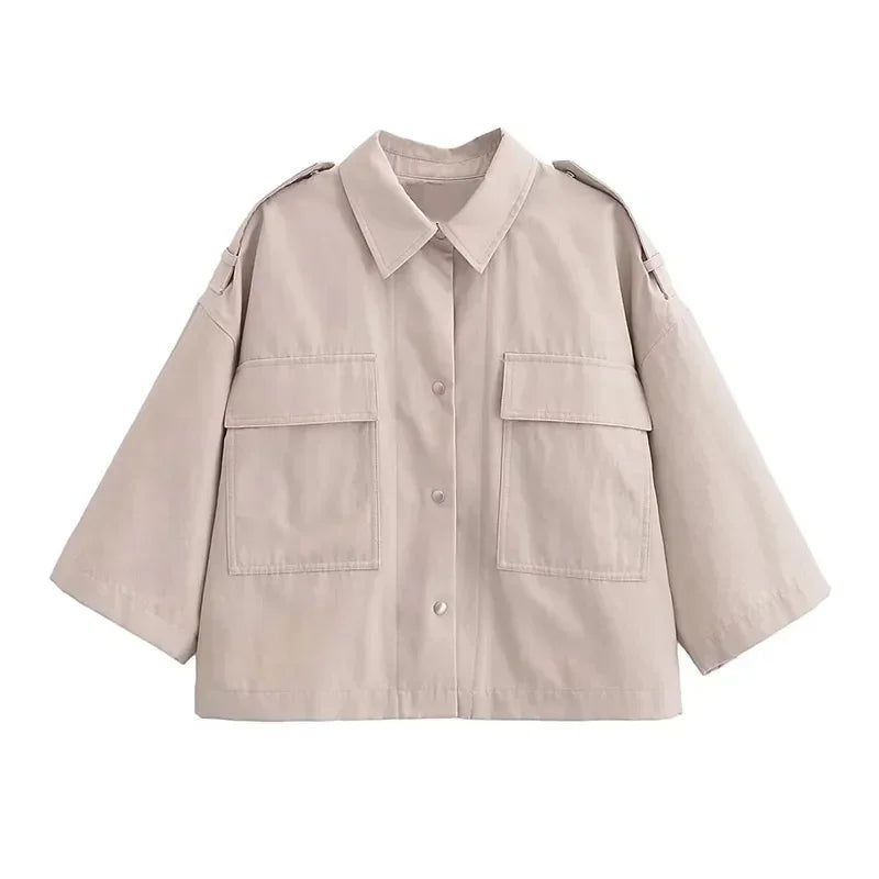 Aiertu  -  Fashion Lapel Spliced Coats Women Casual Single-breasted Pockets Short Sleeve Female Jacket Autumn Lady Solid Loose Outwear Aiertu