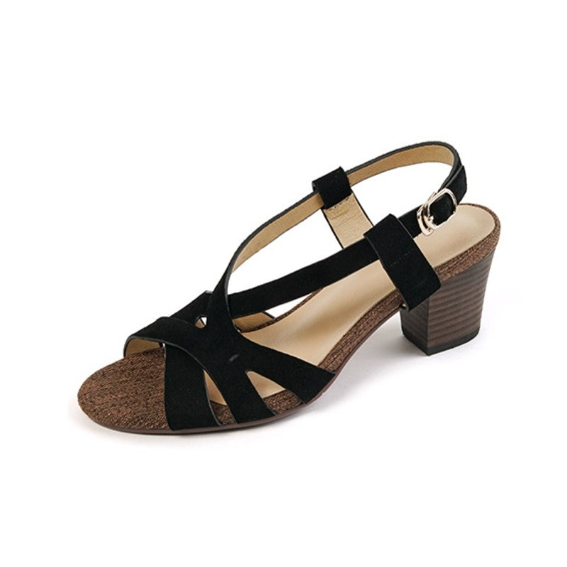 Aiertu  Summer Sandals PeepToe Retro Shoes French Style Daily Shoes Women Cow Suede Leather Buckles Gladiator Sandals High Heel 6.5CM Aiertu