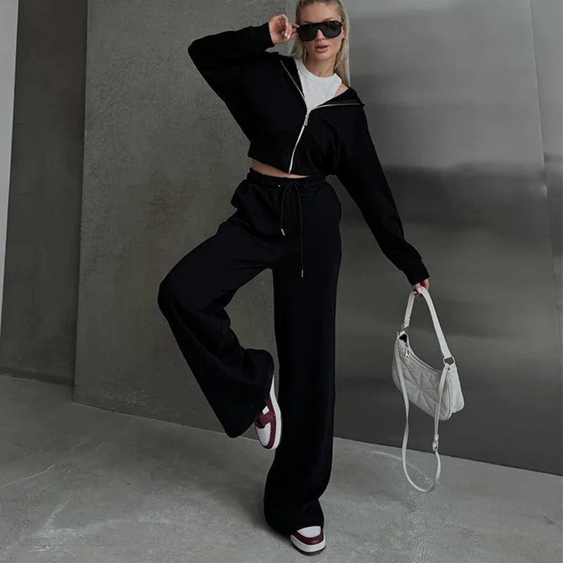 Aiertu  -  Casual Solid Hoodies Pants Set Women Long Sleeve Zipper Short Sweatshirt Loose Drawstring Trouser 2026 Autumn New Lady Tracksuit Aiertu