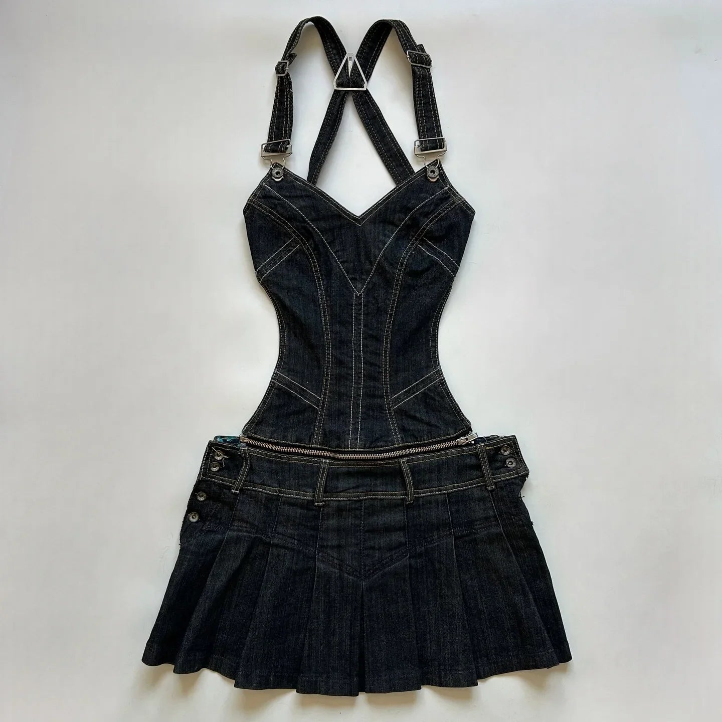Aiertu  -   Streetwear Y2K Vintage Denim Suit Skirt Sets Womens Outfits Black Sexy Hollow Vest Suspenders Harajuku Goth Zipper Pleated Skirt Aiertu
