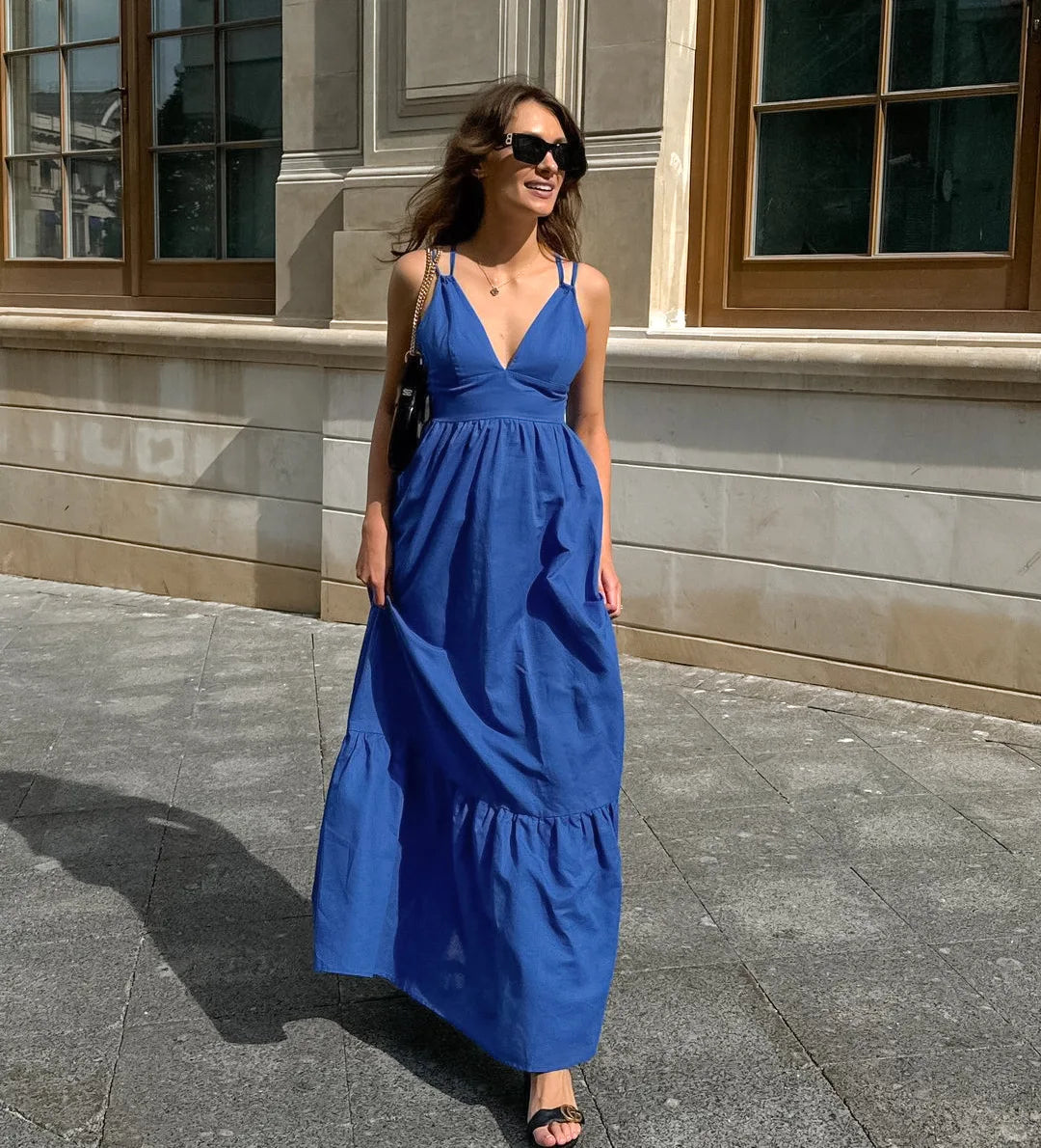Aiertu  -  2025 New Blue Casual Long Dress Women Sexy V Neck Sleeveless Backless Maxi Dresses Summer Elegant Fashion Female A-line Vestidos Aiertu
