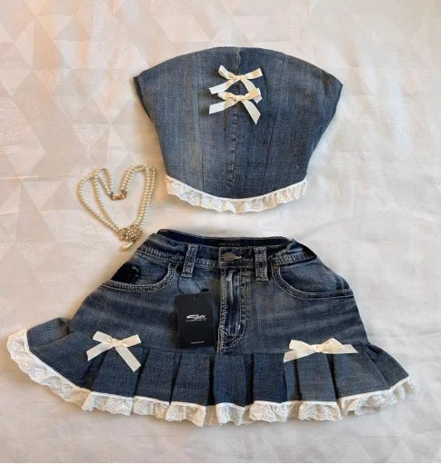 Aiertu  -  Korean Gothic Sexy Hottie Denim Skirt Suit for Women Harajuku Y2k Style High Street Retro Design Cute Mini Skirt Punk Slim Top Aiertu