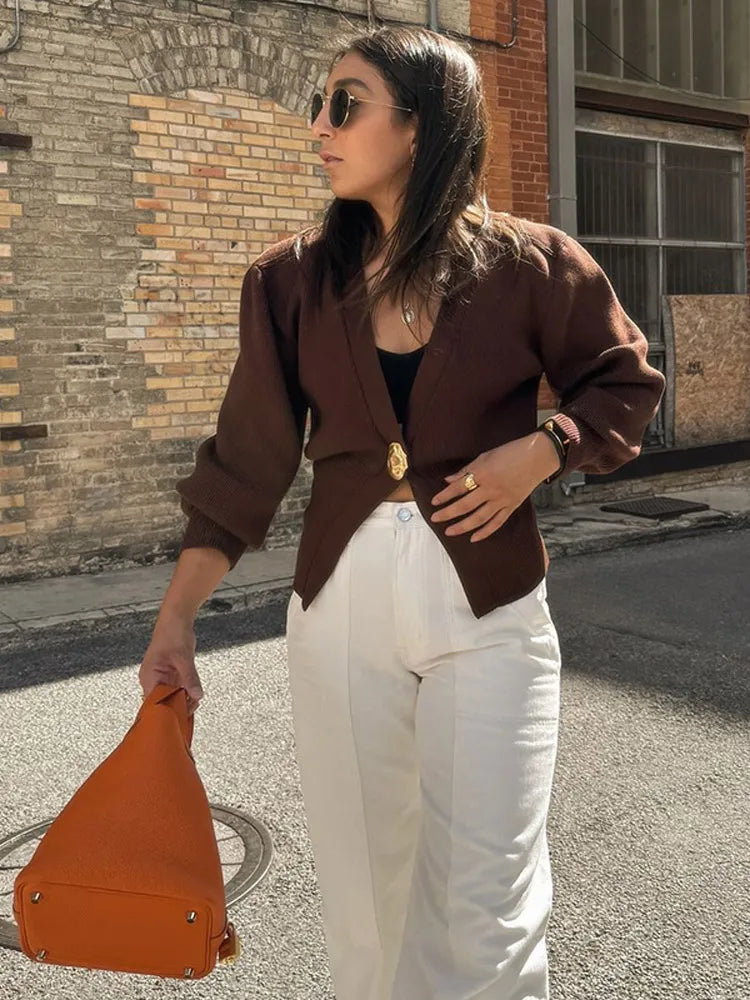 Aiertu  Elegant Brown One Button Knitted Cardigan For Women Solid V Neck Long Sleeve Loose Sweater Autumn Female High Streetwear Aiertu