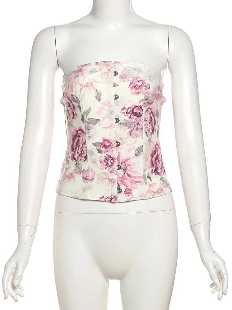Aiertu  -  Sweet 2Piece Set Women Flower Print Single-Breasted Metal Buckle Wrap Mini Top+Patchwork Lace Folds Skirt Matching Suits Aiertu