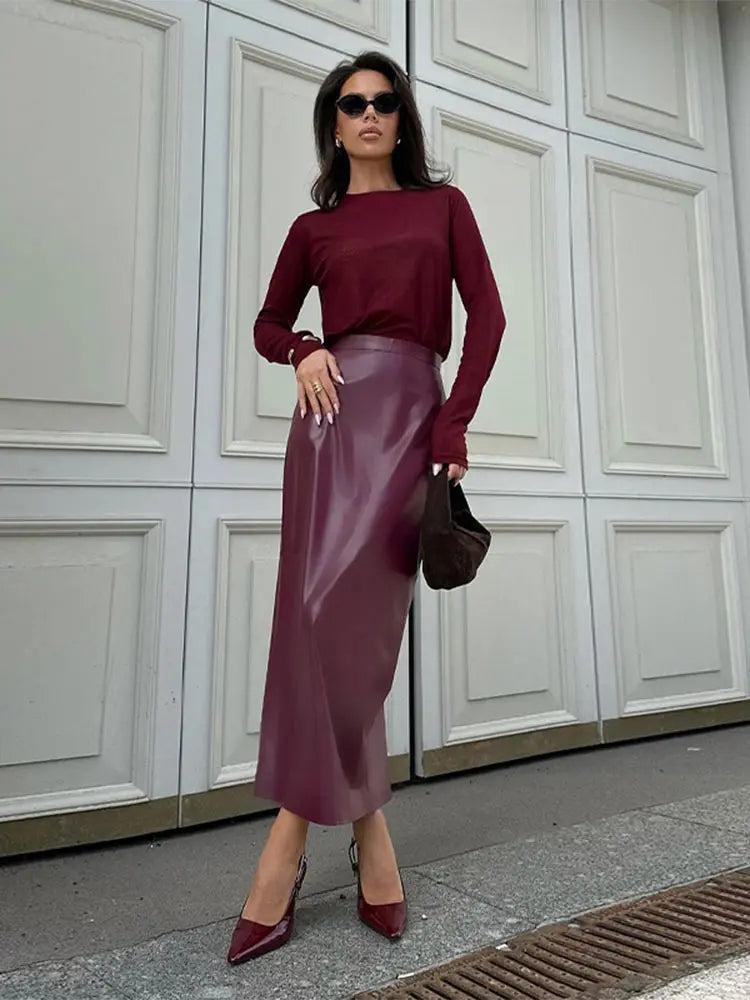 Aiertu  -  Ancora Red High Waist Leather Midi Skirt Elegant Women Slim Fit Split Half Long Skirt 2026 Autumn Fashion Commute Street Wear Aiertu