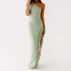 Aiertu  -  Women One Shoulder Bodycon Maxi Dress Sleeveless Backless Ruffle High Split Evening Party Dress Cocktail Clubwear Aiertu