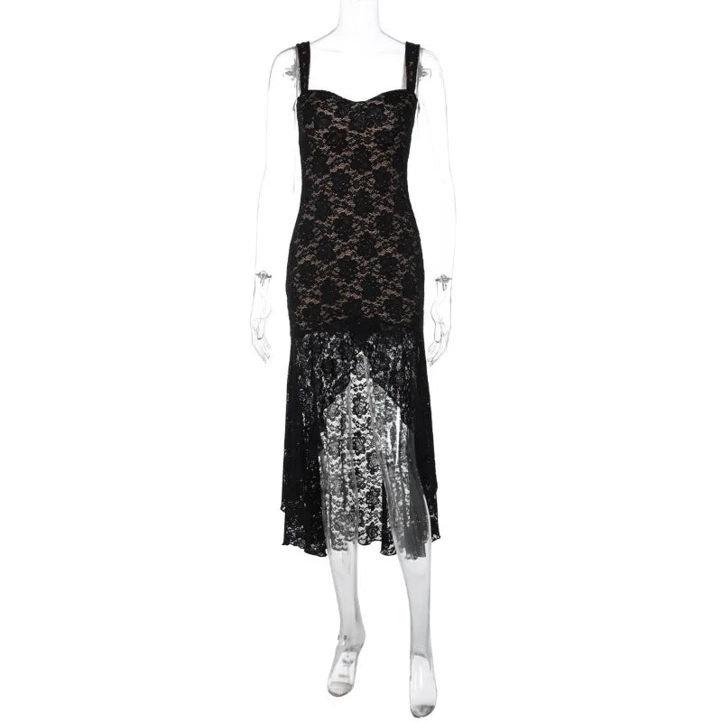 Aiertu  -  Women Fashion Sexy Black Camisole Lace Dress Spaghetti Straps Sleeveless Backless Asymmetrical Mixi Birthday Party Robe Clubwear Aiertu