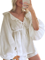 Aiertu  -  Women 2 Piece Outfits Ruffle Loose Tie Front Long Sleeve Shirt and Casual Elastic Shorts Club Streetwear Summer Clothes Aiertu