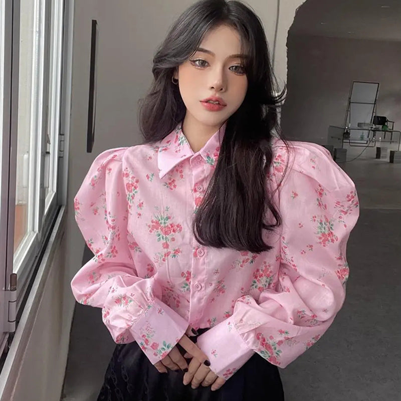 Aiertu Y2K Printing Shirt Korean Sweet Puff Sleeve Crop Tops Fashion Turn Down Collar Long Sleeve All Match Harajuku Blouses New Aiertu