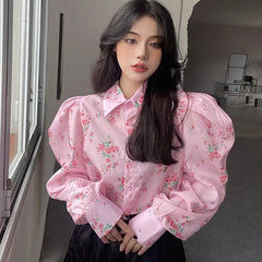 Aiertu Y2K Printing Shirt Korean Sweet Puff Sleeve Crop Tops Fashion Turn Down Collar Long Sleeve All Match Harajuku Blouses New Aiertu