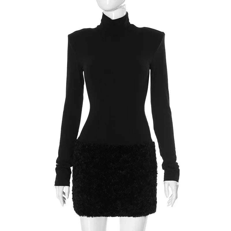 Aiertu  -  Turtleneck Long Sleeve Furry Mini Dress Female High Waist Splice Elegant Holiday Party Dress Ladies Slim Outfits 2025 New Aiertu