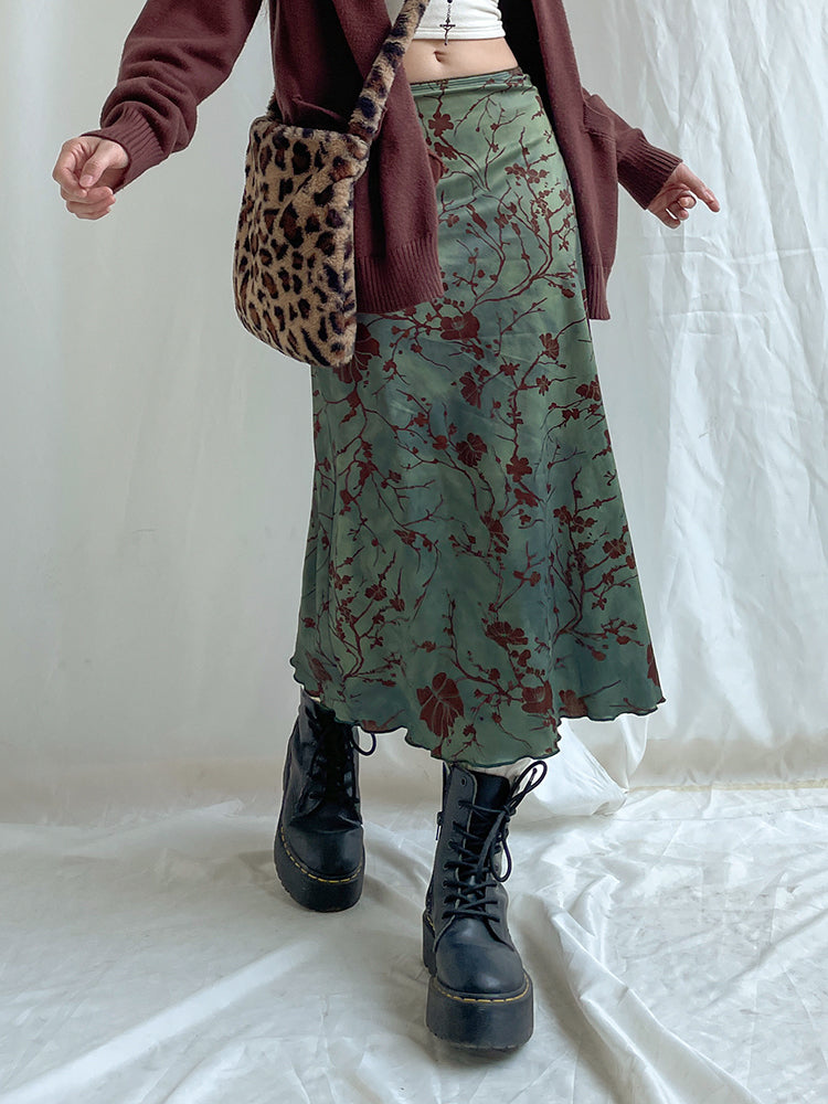 Aiertu - summer inspo Retro Green Floral Print Y2K Long Skirts For Women Vintage Aesthetic Frills Hem Cute Preppy Outfits Aiertu