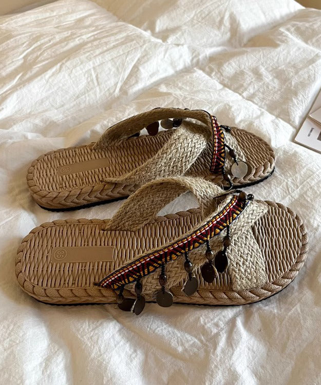 Aiertu  Knit Fabric Boho Splicing Tassel Peep Toe Slide Sandals Aiertu