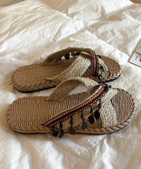 Aiertu  Knit Fabric Boho Splicing Tassel Peep Toe Slide Sandals Aiertu