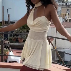 Aiertu  -  Vacation Sexy Halter Mini Dress For Women Elegant Pile Collar Irregular Fold Dress With Sacrf High Waist Slim Lady Dress Aiertu