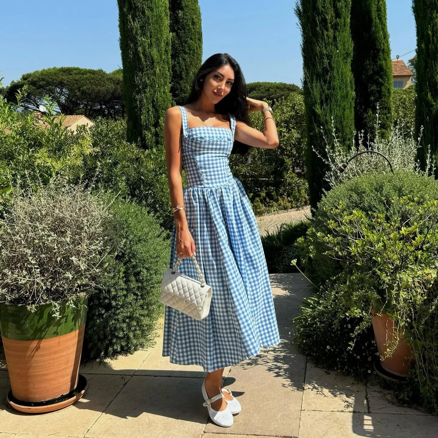 Aiertu  -  Elegant and Beautiful Women Dresses 2026 Summer Spaghetti Strap Long Plaid Dress with Pocket Female Vacation Dress Aiertu