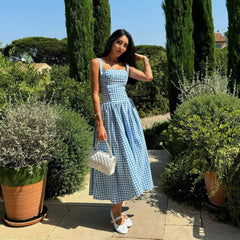 Aiertu  -  Elegant and Beautiful Women Dresses 2026 Summer Spaghetti Strap Long Plaid Dress with Pocket Female Vacation Dress Aiertu