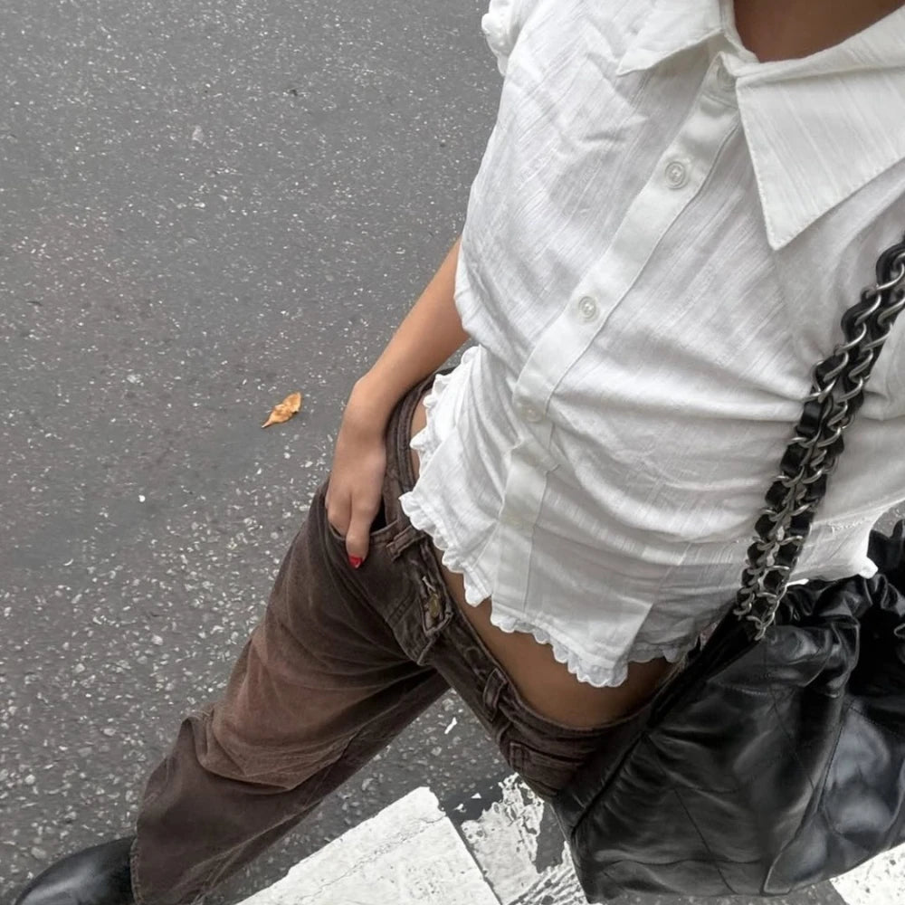 Aiertu    -  Solid Two Peice Set for Women Lapel Short Sleeve Shirt Low Waist Spliced Fungus Edge Mini Skirt Sweet Suit Female Aiertu