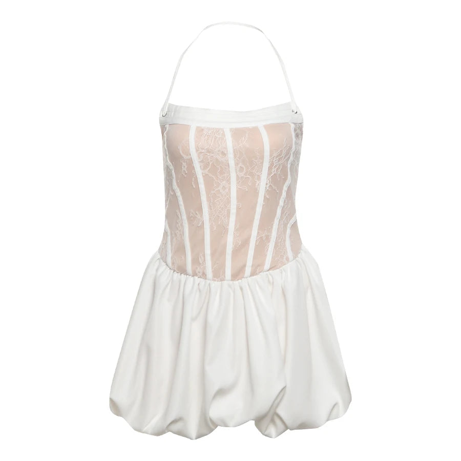 Aiertu  -  See Through Woman Dress Fishbone Patchwork Halter Sleeveless Skinny Backless 2025 Summer Funky Trend Fluffy Mini Bodycon Aiertu
