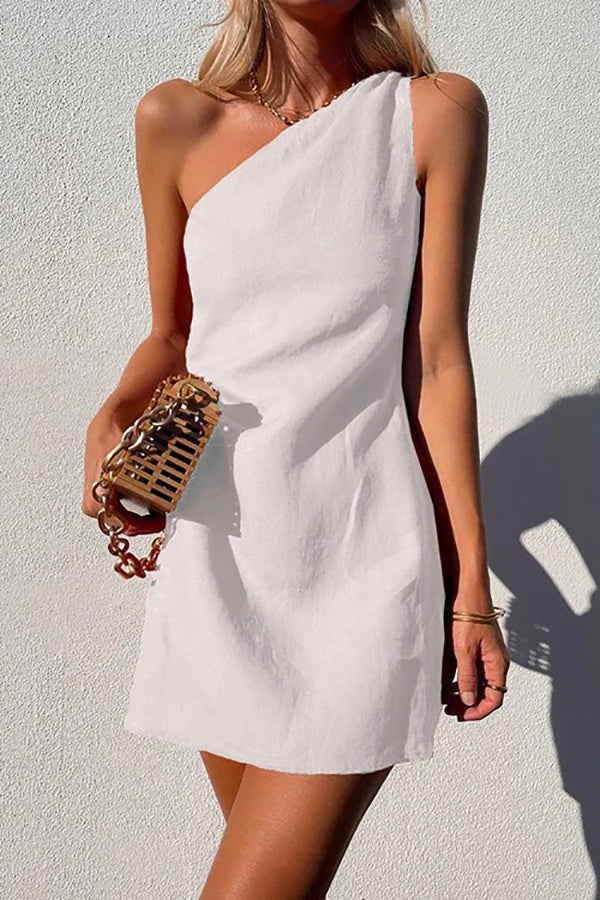 Aiertu  Minimalism One Shoulder Linen Mini Dress Aiertu