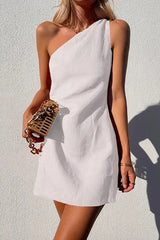 Aiertu  Minimalism One Shoulder Linen Mini Dress Aiertu