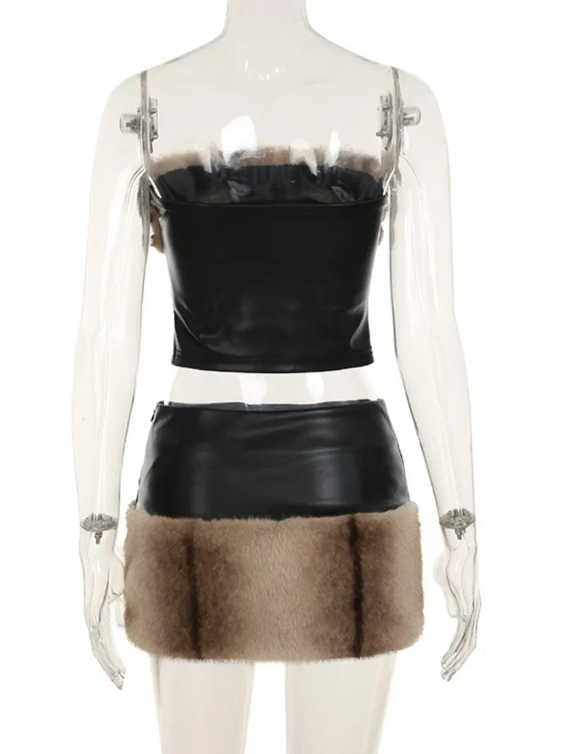 Aiertu  -  Women's Clothing PU Leather Dress 2 Piece Matching Sets Faux Fur Patchwork Corset Tops+Mini Skirts Black Party Outfit Clubwear Aiertu