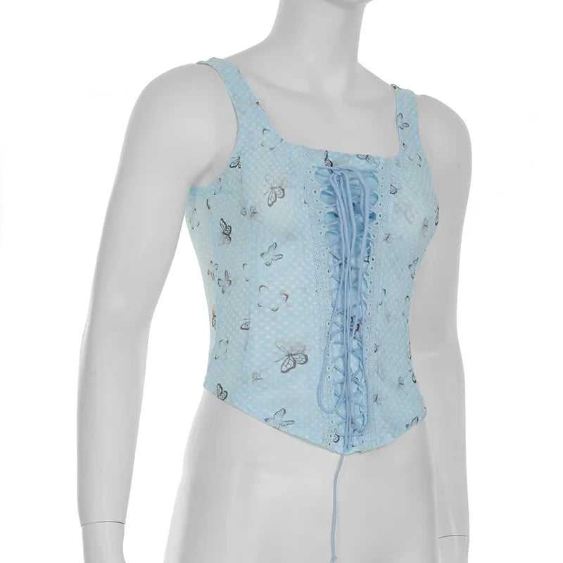 Aiertu  -  Spring Dream Blue Butterfly Printing Contrast Color Mesh Splicing Waist Strap Design Pure Desire Sling Vest Y2K Aiertu
