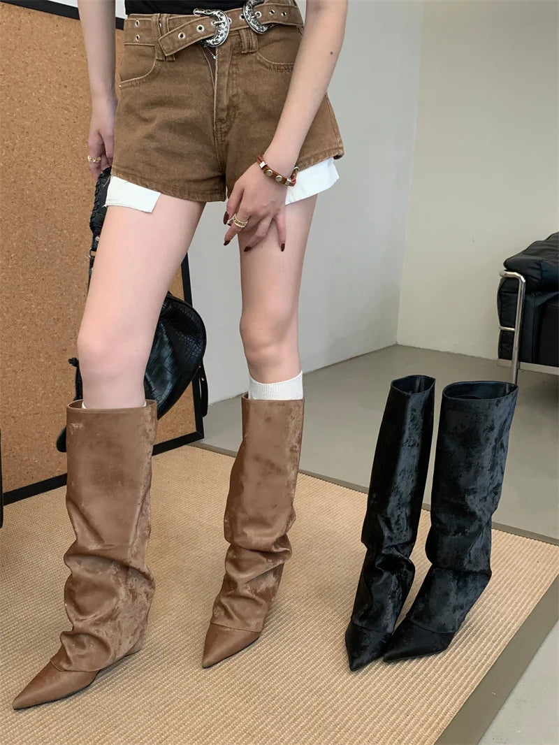 Aiertu    -  Black Wedges Long Boots Ladies Pointed Toe Chunky Shoe Fall Fashion Boots Designer Trousers wedges shoe woman Botas Altas Aiertu