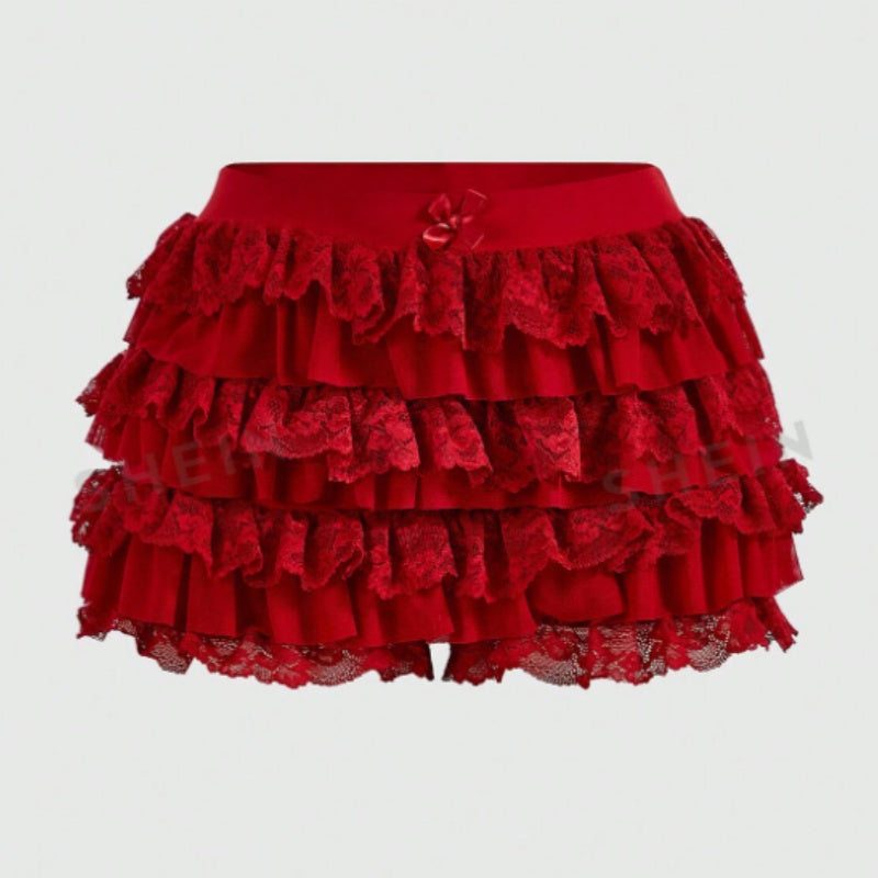 Aiertu  -  Women Lace Trim Layered Ruffle Mini Skirts Cute Bow Mesh Tutu Lolita Ruffled Tiered Micro Skirts Bloomer Pettipants Bottoms Aiertu