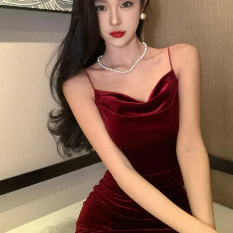Aiertu Vintage Sexy Club Prom Red Dresses for Women Spaghetti Strap Slit Velvet Dress Beach Bandage Bodycon Midi Dress Party Elegant Aiertu