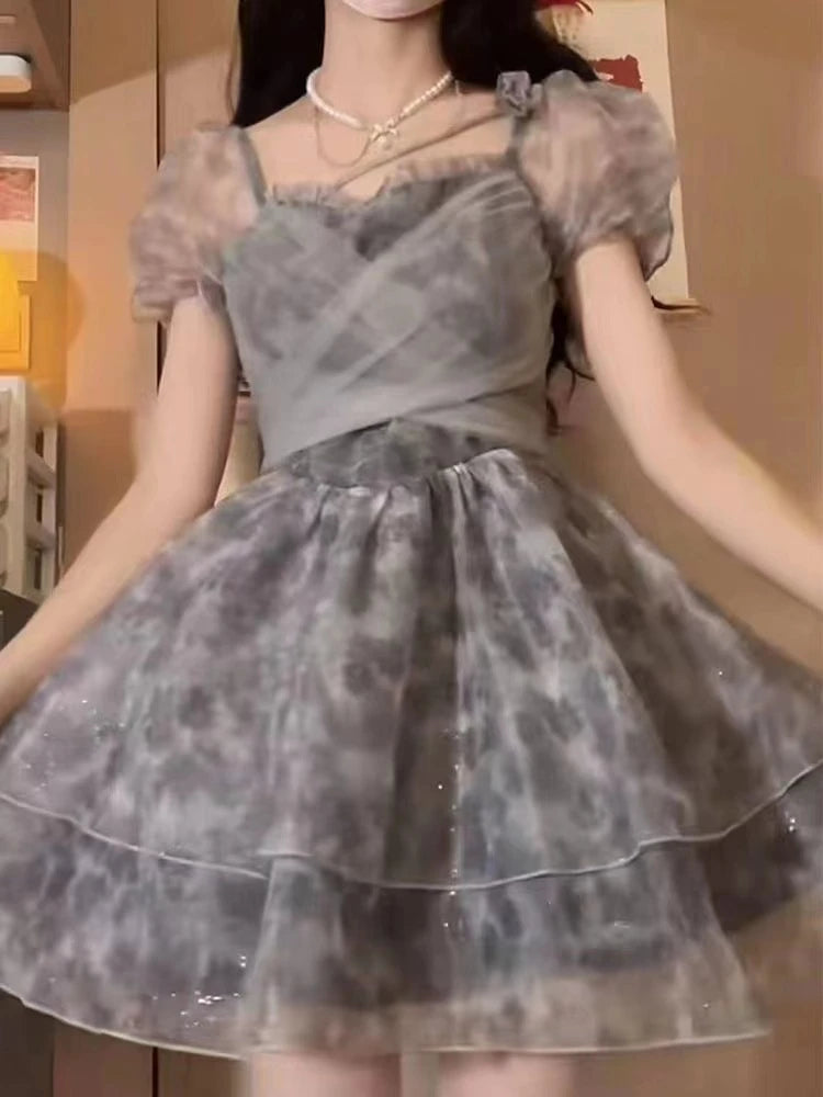 Aiertu Women Vintage Mesh Bow Lace Up Sequins Fairy Princess Party Dresses Summer High Waist Sweet Harajuku Y2K Mini Dress Vestido Aiertu