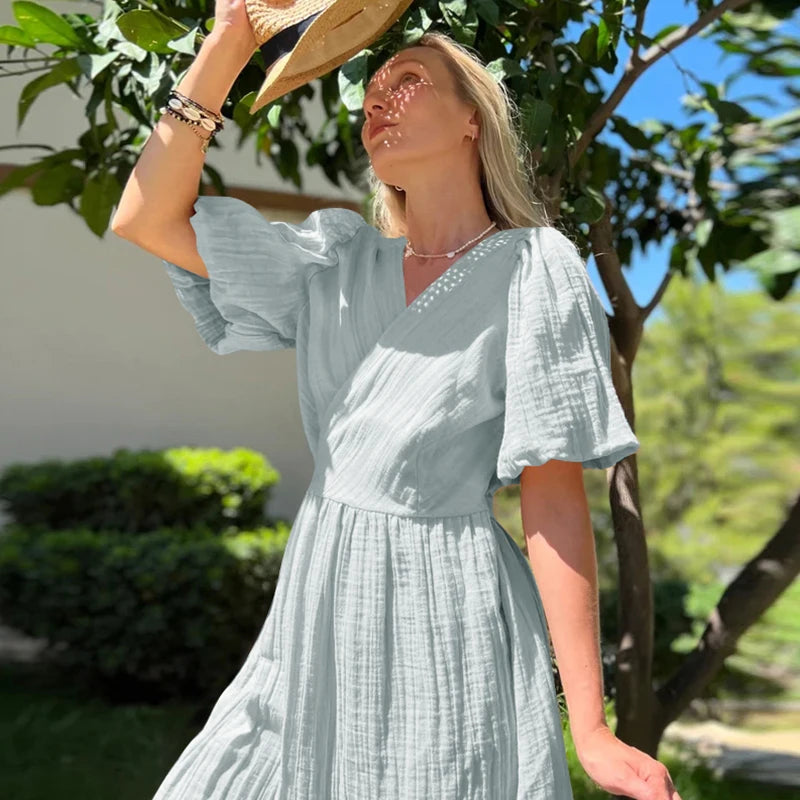 Aiertu  -   Gauze Long Dress For Women Sexy V-Neck Sweet Puff Sleeve Bandage Chic Elegant Party Beach Sundress Aiertu