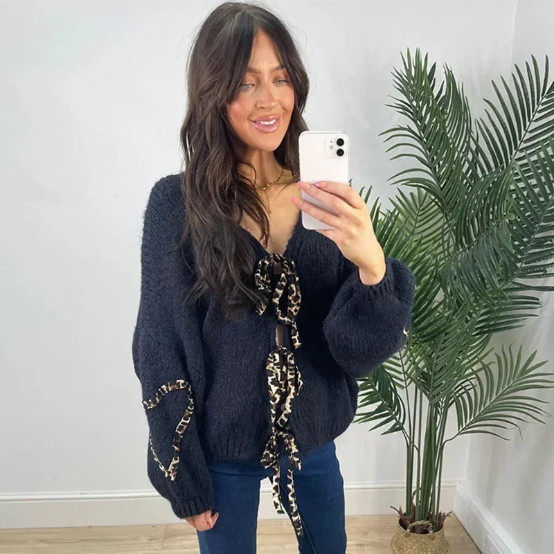 Aiertu     -  Fall Outfits 2026 Leopard Lace Up Cardigans Women Loose Long Lantern Sleeve V-neck Heart Print Patchwork Sweater 2026 Autumn Solid Female Knitwear Aiertu