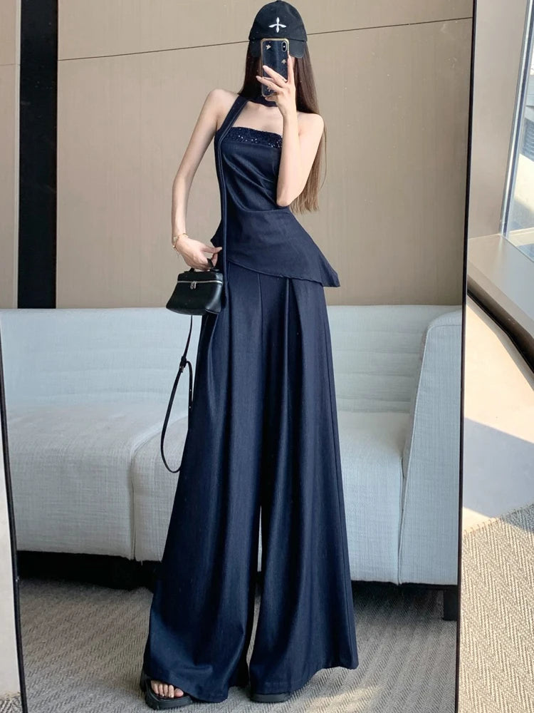 Aiertu  -  Advanced retro Tencel denim suit women's summer fashion sequin strapless top high waist wide leg pants skirt two-piece set Aiertu