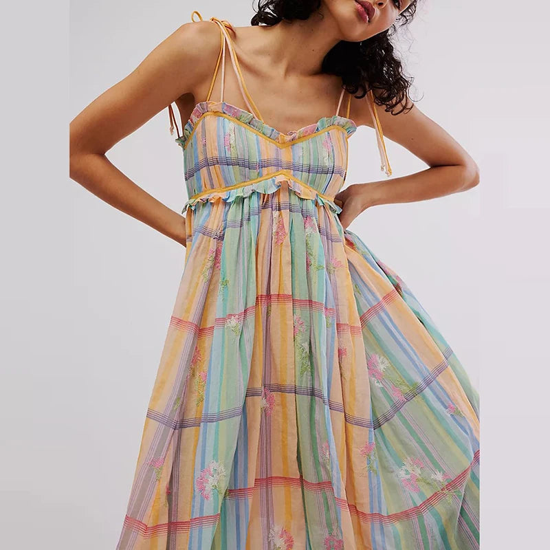 Aiertu  -  Elegant Tie-up Hight Waist Long Dress Women Sexy V-neck Sleeveless  Suspender Dress Fashion Colorful Striped Pleated Party Dress Aiertu