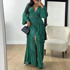 Aiertu  -  Elegant Lace Deep V-neck Pleated Long Dress Women's Casual Long Sleeve Solid Party Dress Fahsion Hight Waist Slim Evening Dress Aiertu