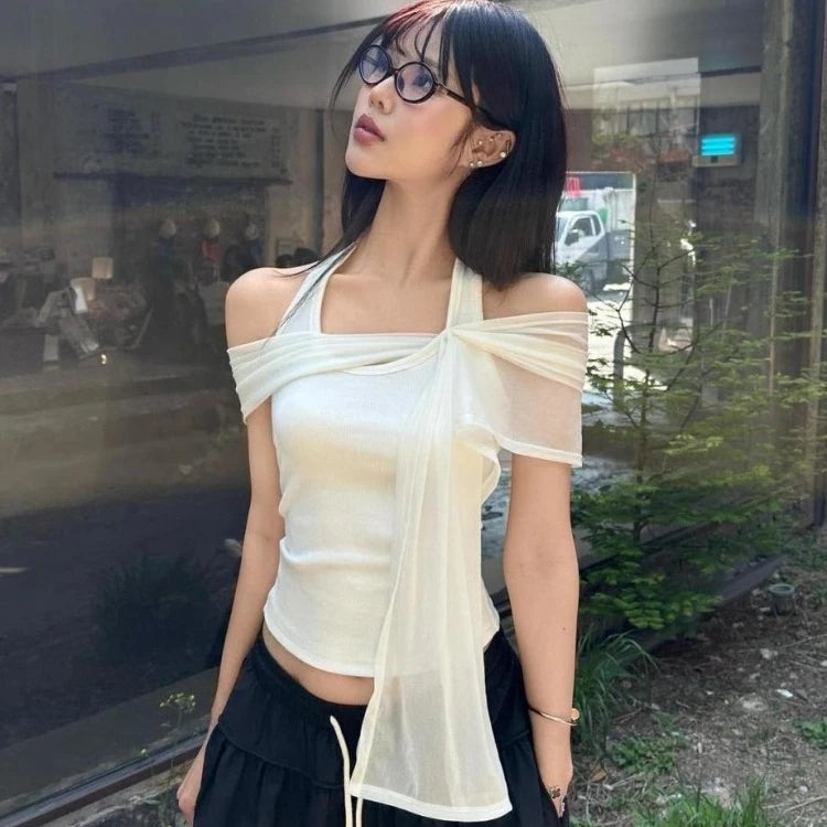 Aiertu  -  Y2k Aesthetics Fake Two Pieces T-shirt 2026 Fairy Grunge Halter Bodycon Tshirt Summer Harajuku Patchwork Irregular Bandage Tops Aiertu