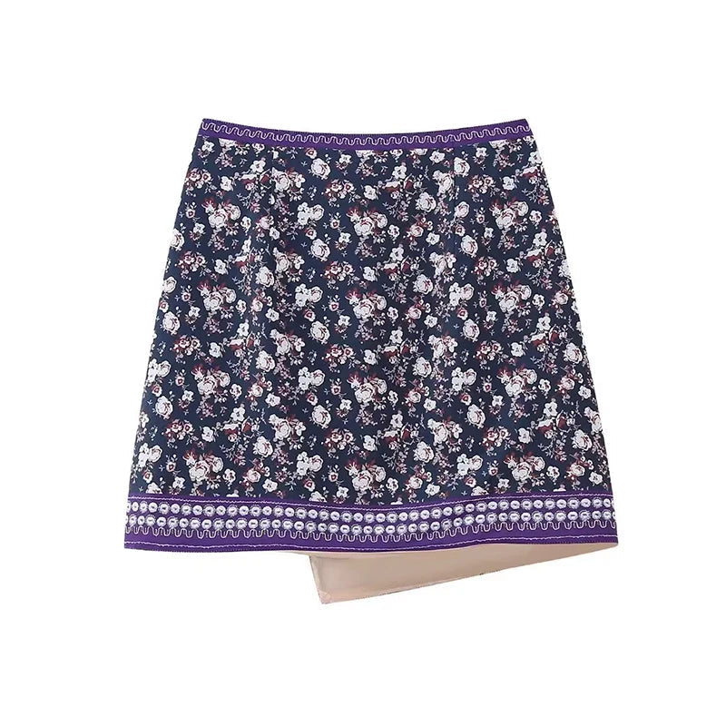 Aiertu  -  Ethnic Style Retro Embroidery Printed High Waisted Short Skirt With Fashionable and Asymmetrical Hem Beading A-line Skirt Aiertu