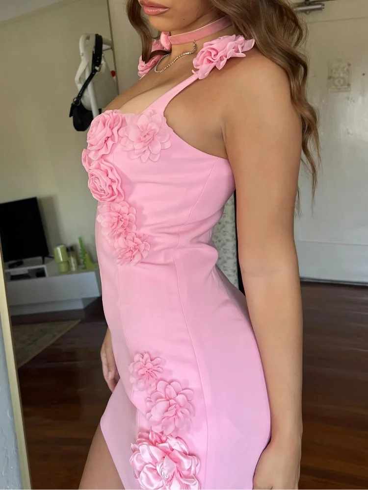 Aiertu  -  Women Sexy Pink 3d Flower Sling Mini Dress Fashion High Waist Sleeveless Bodycon Dress 2026 Summer Vacation Beach Party Dresses Aiertu