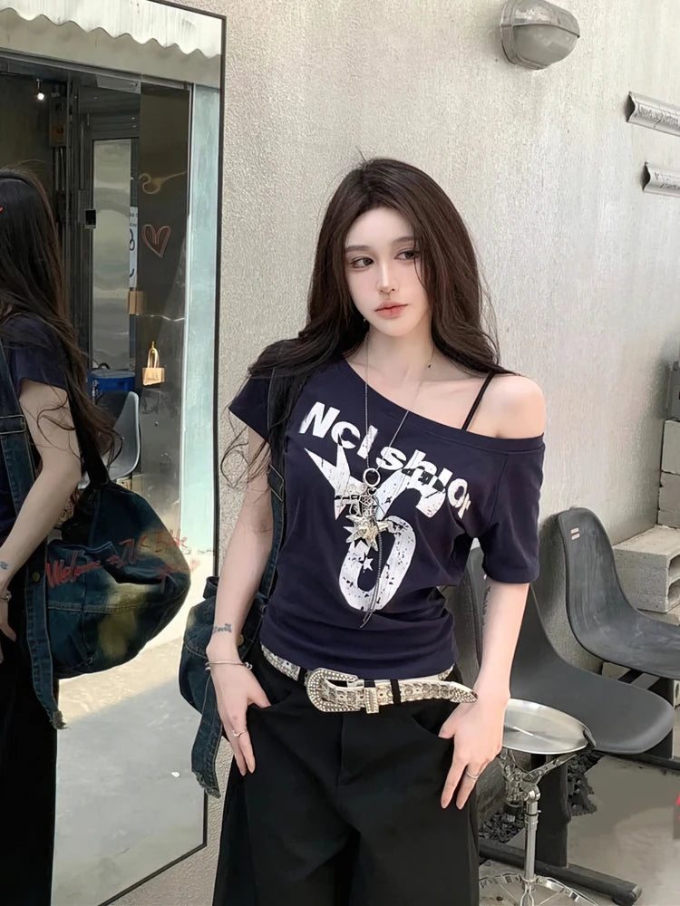 Aiertu  -  Y2k Sport Summer Off shoulder Top Women Sexy Vintage 2000s Short sleeve T shirt  Lady Body Basic Crop Top Female Casual Aiertu