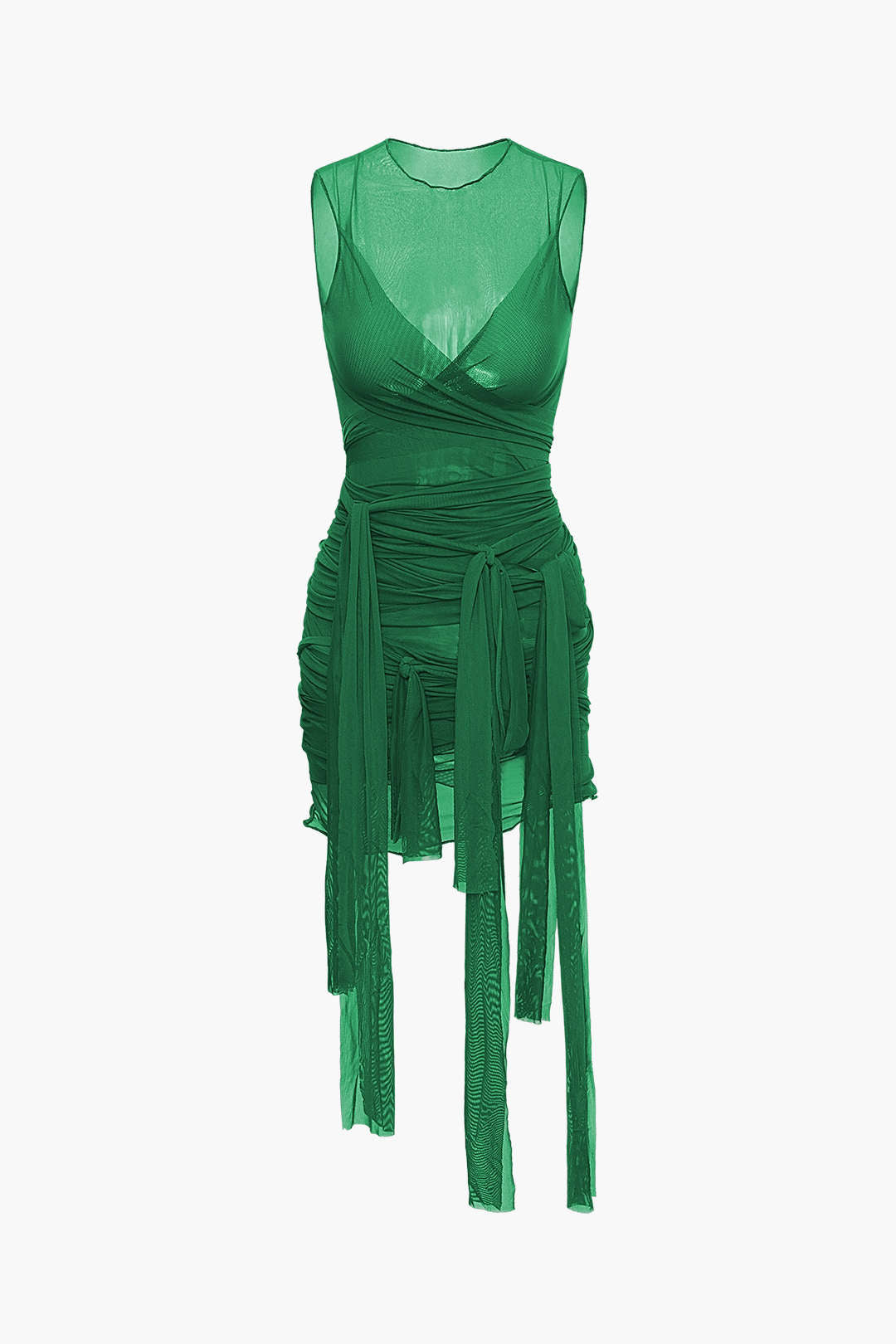 Aiertu  Sheer Mesh Wrap Tie Ribbon Mini Dress Aiertu