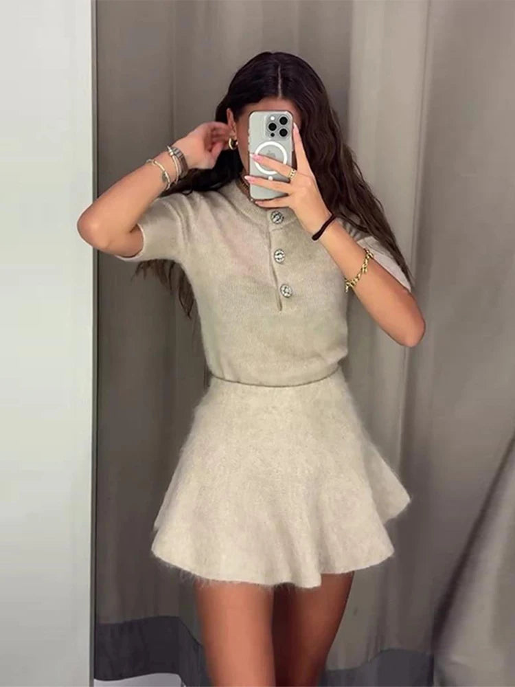 Aiertu  -  Women O Neck Button Wool Sweater Suit Casual High Waist Knitted Mini Skirts Set Fashion Autumn Winter Lady Commuting Outfit Aiertu