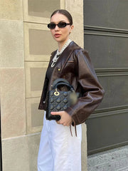 Aiertu  -  Fashion Pu Leather Brown Lapel Jacket Casual Long Sleeve Single Breasted Office Coat 2026 Autumn Chic High Street Lady Outwears Aiertu