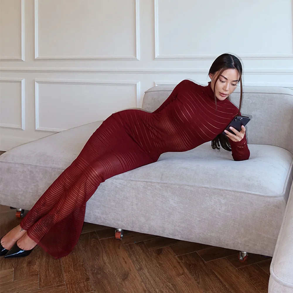 Aiertu  -  2026 Autumn Winter Striped See-through Knitted Long Dress Streetwear Sexy Women's Half High Collar Bodycon Evening Party Dresses Aiertu