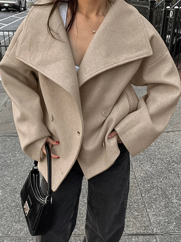 Aiertu  -  Double Breasted Solid Women Coat Long Sleeve Turn-down Collar Female Jacket Fashion Loose Elegant Autumn Lady Outwear Aiertu
