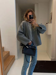 Aiertu  -  Casual Single Button Woolen Coat Women 2026 Long Sleeve Loose Short Autumn Winter Coat Female Elegant Grey Chic V-neck Coats Aiertu