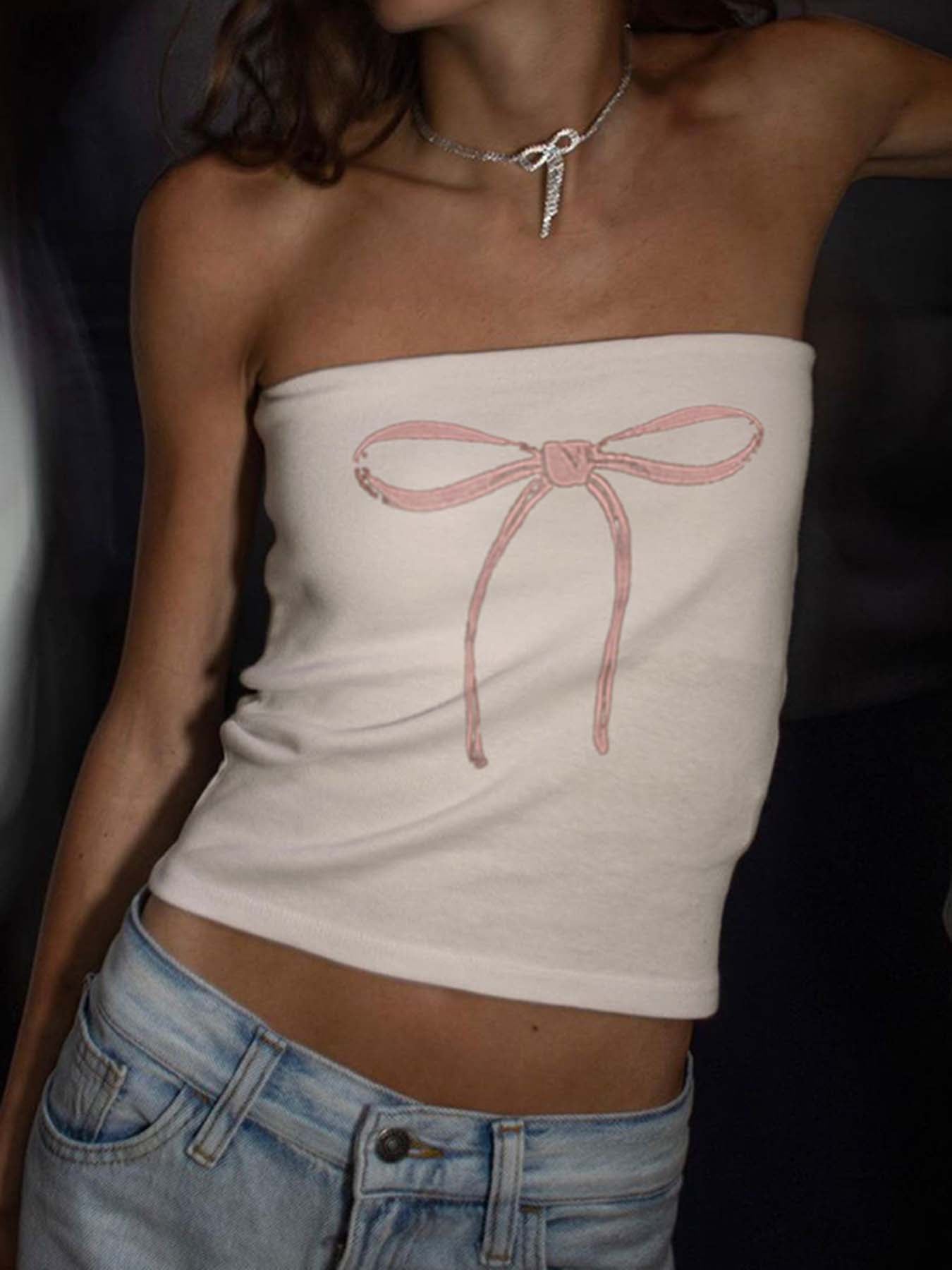 Aiertu - summer inspo Bow Print Cute Y2K Strapless Tube Top Women 2000s Kawaii Crop Top Summer Streetwear Aiertu
