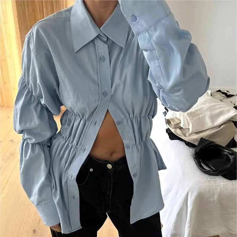 Aiertu  -  Elegant Fashion Shirring Button Shirt Women Casual Solid Long Sleeve Lapel Blouses Shirts Spring Slim Tops Tunic Blusas Streetwe Aiertu
